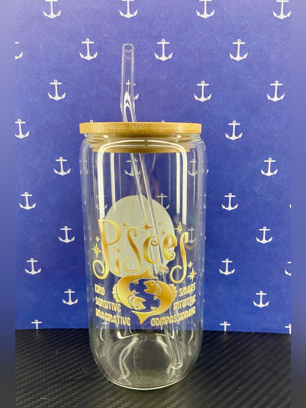 Pisces Gold Accent Clear Glass Tumbler with Bamboo Lid